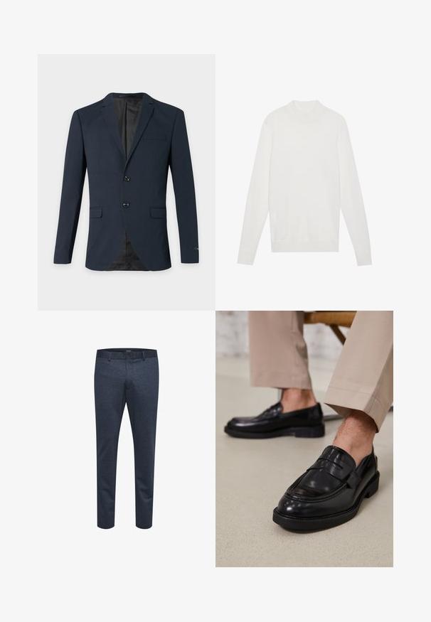 Marineblå herreblazer med to knapper, hakrevers, tre klaplommer og en sort inderforing.; Hvid pullover sweater med høj halsudskæring, lange ærmer og ribbede manchetter og kant. Fremstillet af et blødt strikket stof. Simpelt og tætsiddende design.; Marineblå bukser lavet af struktureret stof med slim fit, med knaplukning og bæltestropper, velegnede til afslappet eller formelt brug.; Sorte lædermokkasiner med en glat overflade, der har en dekorativ rem og kontraststing, parret med beige bukser.