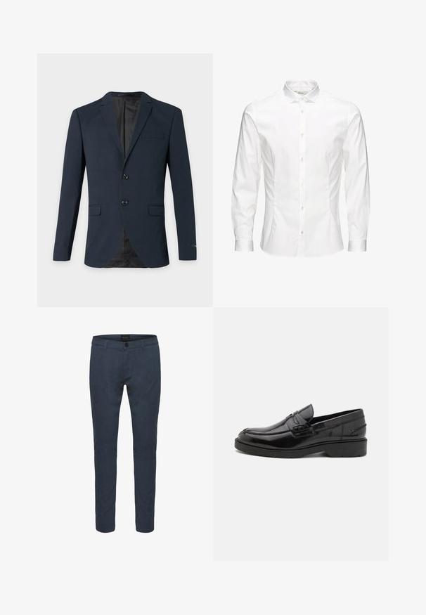 Blazer bleu marine pour homme avec deux boutons, revers crantés, trois poches à rabat et doublure intérieure noire.; Chemise blanche à manches longues avec boutons, fabriquée dans un tissu lisse. Dotée d'un col classique, de boutons sur le devant et de poignets à un bouton. Design ajusté.; Pantalons tailleur bleu foncé en tissu, dotés d'une fermeture à bouton, de poches avant et d'une coupe ajustée. Texture lisse avec un léger brillant.; Mocassins en cuir noir avec une finition lisse, un bout rond, un petit talon et descoutures décoratives à l'avant. Semelle en caoutchouc pour l'adhérence.