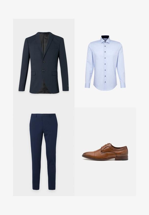 Nachtblauw herenblazer met twee knopen, gespleten revers, drie klepzakken en een zwarte binnenvoering.; Lichtblauw overhemd met lange mouwen, donkere knopen en een contrasterende donkere binnenkraag, weergegeven op een witte achtergrond.; Marineblauwe pantalon met een rechte pijp, gemaakt van een gladde stof. Voorzien van een knoopsluiting aan de voorkant en twee zijzakken.; Call it Spring FITZWILLIAM - Zakelijke veterschoenen - cognac