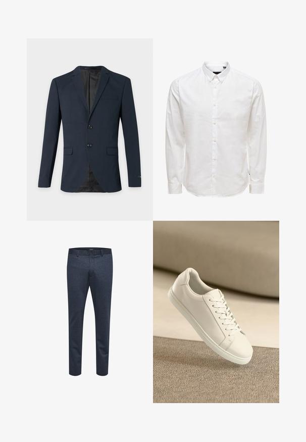Nachtblauw herenblazer met twee knopen, gespleten revers, drie klepzakken en een zwarte binnenvoering.; Witte lange mouw knopsluiting shirt met een kraag, met een gladde textuur en zes knopen aan de voorkant. Getailleerde pasvorm met manchet mouwen.; Marineblauwe broek van textuurstof met een slim fit, voorzien van een knoopsluiting en ceintuurlussen, geschikt voor zowel casual als formele gelegenheden.; Witte leren sneaker met witte veters, weergegeven op een beige textuurovervlak en een zacht vervaagd achtergrond.
