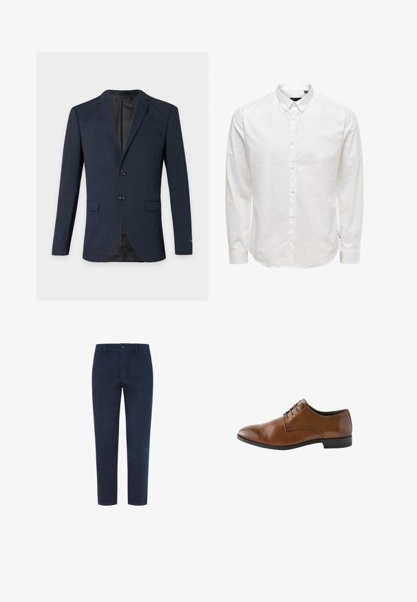 Blazer azul marino para hombre con dos botones, solapas con muesca, tres bolsillos con solapa y forro interior negro.; Camisa blanca de manga larga abotonada con cuello, con una textura suave y seis botones en el frente. Corte ajustado y mangas con puños.; Chinos de algodón azul marino con cierre de botón, patas rectas y una textura suave. Presenta bolsillos laterales y un bolsillo trasero.; Zapato de vestir de cuero marrón con un acabado suave, punta redondeada y detalles de costura sutiles. Tiene suela de goma negra y cordones.
