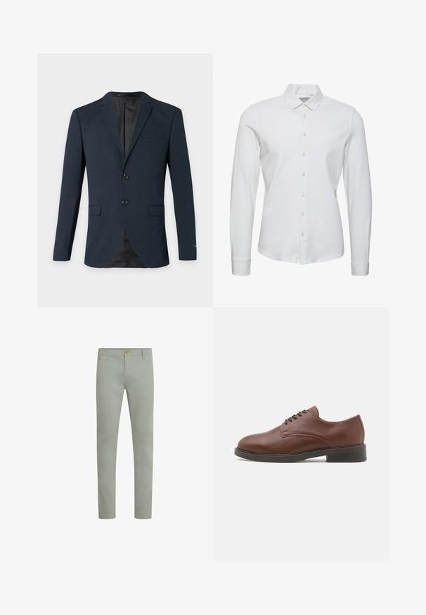 Blazer azul marino para hombre con dos botones, solapas con muesca, tres bolsillos con solapa y forro interior negro.; Camisa blanca de manga larga, confeccionada en tela suave, con un cuello clásico, tapeta frontal con botones y puños ajustados.; Pantalones de algodón verde claro con corte recto, bolsillos frontales y cierre de botón simple en la cintura. Textura suave, diseño minimalista.; Zapato de vestir de cuero marrón con punta redondeada, diseño de cordones y suela de goma negra sólida. Textura suave con un brillo sutil.