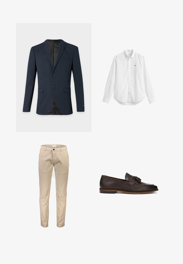 Marineblauer Herrenblazer mit zwei Knöpfen, Notch-Revers, drei Pattentaschen und schwarzer Innenfütterung.; Weißes Hemd mit langen Ärmeln, Knöpfen vorne, einem Kragen und einem kleinen gestickten Logo auf der linken Brust.; Beige Baumwollhosen mit geradem Bein, ausgestattet mit Vordertaschen, Reißverschluss und einem einzelnen Knopfverschluss. Glatte Textur, ohne Muster.; Dunkelbraune Lederloafers mit glatter Oberfläche, dekorativen Quasten und einer kontrastierenden braunen Sohle. Klassisches Slip-On-Design.