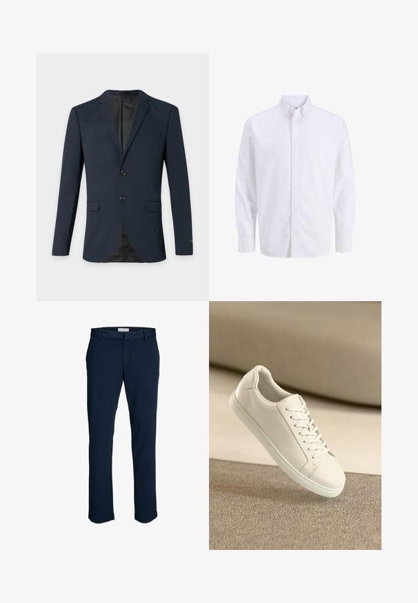 Blazer bleu marine pour homme avec deux boutons, revers crantés, trois poches à rabat et doublure intérieure noire.; Chemise blanche à manches longues avec col classique et poignets boutonnés, présentée sur un fond uni.; Pantalon en mélange de coton bleu marine avec une coupe droite, présentant une taille plate, des passants de ceinture et sans poches ou ornements visibles.; Baskets en cuir blanc avec des lacets blancs, exposées sur une surface beige texturée et avec un arrière-plan flou doux.