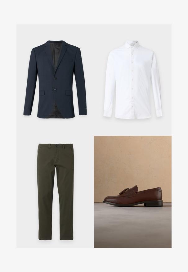 Blazer azul marino para hombre con dos botones, solapas con muesca, tres bolsillos con solapa y forro interior negro.; Camisa de botonadura larga blanca de algodón, con cuello clásico, corte recto y una textura suave con botones a juego.; Pantalones rectos de color verde oliva, hechos de una mezcla de algodón. Cuentan con cremallera, trabillas para cinturón y dos bolsillos laterales. Textura suave.; Mocasín marrón de cuero con borlas flotando sobre una alfombra beige texturizada, con una mesa redonda de madera y libros apilados en el fondo.