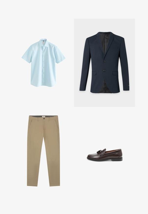 Marineblå herreblazer med to knapper, hakrevers, tre klaplommer og en sort inderforing.; Lyseblå kortærmet skjorte med knapper, spids krave og almindelig pasform-mærke indeni kraven.; Beige chinos lavet af glat bomuld, med lige ben-design, en enkelt knaplukning og to sidelommer. Subtile syninger.; Brun læderloafer med kvastdetalje, rundet tå og hvid syning langs sålen, med en lavprofil gummisål.