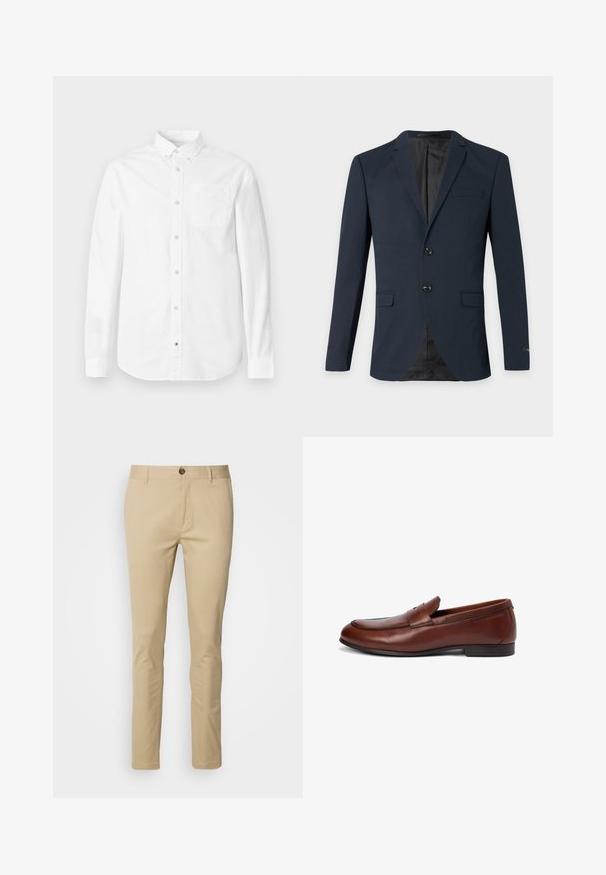 Nachtblauw herenblazer met twee knopen, gespleten revers, drie klepzakken en een zwarte binnenvoering.; Witte blouse met lange mouwen van katoen. Voorzien van een button-down kraag, voorzak en subtiele textuur. Rechte zoom met knoopsluitingen.; Beige chinos met een slim fit, gemaakt van katoen. Kenmerken zijn een knoopsluiting, riemlussen en subtiele stiksels op de zakken.; Bruine leren loafer met een ronde neus, gestikte details en een klein bovenriempje. Gladde afwerking met een lage rechthoekige hak.