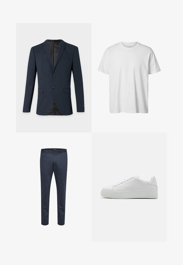 Marineblå herreblazer med to knapper, hakrevers, tre klaplommer og en sort inderforing.; Enkelt hvid T-shirt med korte ærmer og rund hals, løs pasform og uden synlige logoer eller designs foran.; Marineblå bukser lavet af struktureret stof med slim fit, med knaplukning og bæltestropper, velegnede til afslappet eller formelt brug.; Hvide lædersneakers med en chunky platformsål, rund tå og seks snørehuller. Glat tekstur med subtile syninger.