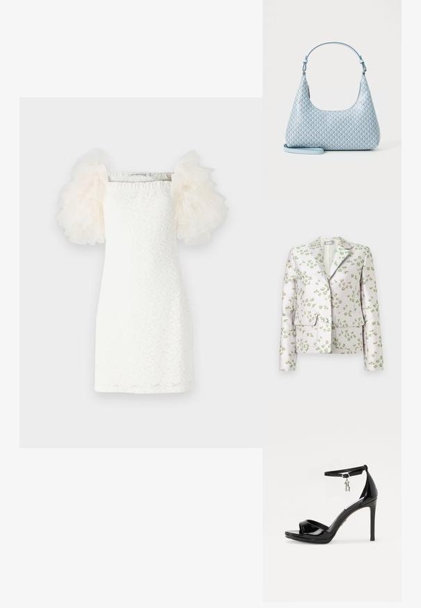 Witte blazer met groen bloemenprint, reverskraag met inkeping, lange mouwen, twee klepzakken en knopen aan de voorkant.; Witte jurk met een textuur van kantpatroon, rechte snit en doorschijnende, opbollende tule mouwen in lichtcrème. Minimalistisch ontwerp met een vierkante halslijn.; Zwarte lakleren hoge hakken sandalen met een open teen, enkelbandje en een zilveren charmeaccent. Beschikt over een slank, modern ontwerp.; Lichtblauwe handtas met een gladde, gestructureerde afwerking, voorzien van een geometrisch patroon van kleine diamanten en een afneembare schouderband voor veelzijdigheid.