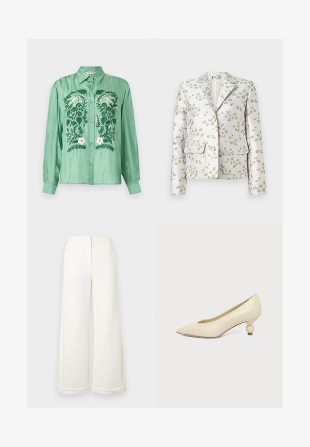 Blazer blanc avec imprimé floral vert, col cranté, manches longues, deux poches à rabat et boutons sur le devant.; Chemise verte à manches longues avec boutons, brodée d'oiseaux blancs, de feuilles vertes et de fleurs blanches sur le devant.; Pantalon blanc à jambes larges avec une texture lisse, doté d'une ceinture et de poches latérales discrètes. Les finitions de l'ourlet sont soigneusement pliées.; Chaussure femme couleur crème à bout pointu avec un petit talon rond en forme de boule, sur fond uni.