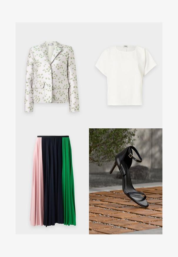 Hvid blazer med grønt blomsterprint, reverskrave med hak, lange ærmer, to lommer med klap og forsideknapper.; Hvid crop top lavet af glat stof. Har korte ærmer og en bred, rund udskæring. Ren og enkel design uden synlige mønstre eller pynt.; Plisseret nederdel med paneler i pink, navy og grøn. Fremstillet af blødt stof med elastisk talje for en behagelig pasform.; Sort højhælet sandal med ankelsnor, der ser ud til at svæve over et trægulv udendørs med sløret grønt og sten i baggrunden.