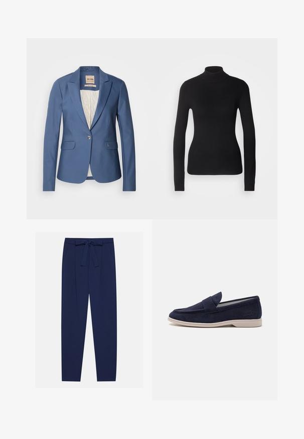 Blazer azul a medida con un único botón frontal, dos bolsillos frontales y un forro interior con un ligero patrón. Presenta sutiles acentos de marca.; Suéter negro de cuello alto hecho de un tejido de punto ligero. Presenta mangas largas, un diseño ajustado y una suave textura acanalada.; Pantalones azul marino con cintura ajustable, bolsillos laterales y un corte holgado. Fabricados en una tela suave con un sutil brillo. Diseño a medida con pliegues.; Mocasines de ante azul marino con punta redondeada y detalles de costura. Presentan una lengua acolchada y una suela de goma beige claro para mayor comodidad.