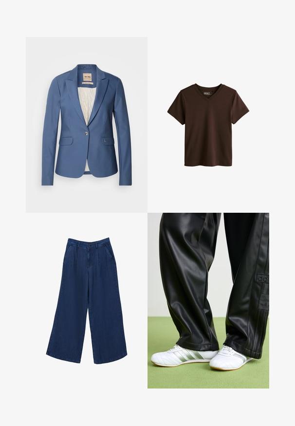 Blå skræddersyet blazer med en enkelt frontknap, to forlommer og et let mønstret indvendigt for. Har subtile mærkevareregistreringer.; Brun T-shirt med korte ærmer og V-hals med et enkelt design, vist fladt på en hvid baggrund.; Bredde ben denim bukser i mørkeblå. Har to forlommer, en knappelukning og en glat tekstur med et let materiale.; Sorte faux leather bukser med en løs pasform, der har en glat overflade og sidelister. Sammen med hvide sneakers med sølvdetaljer.