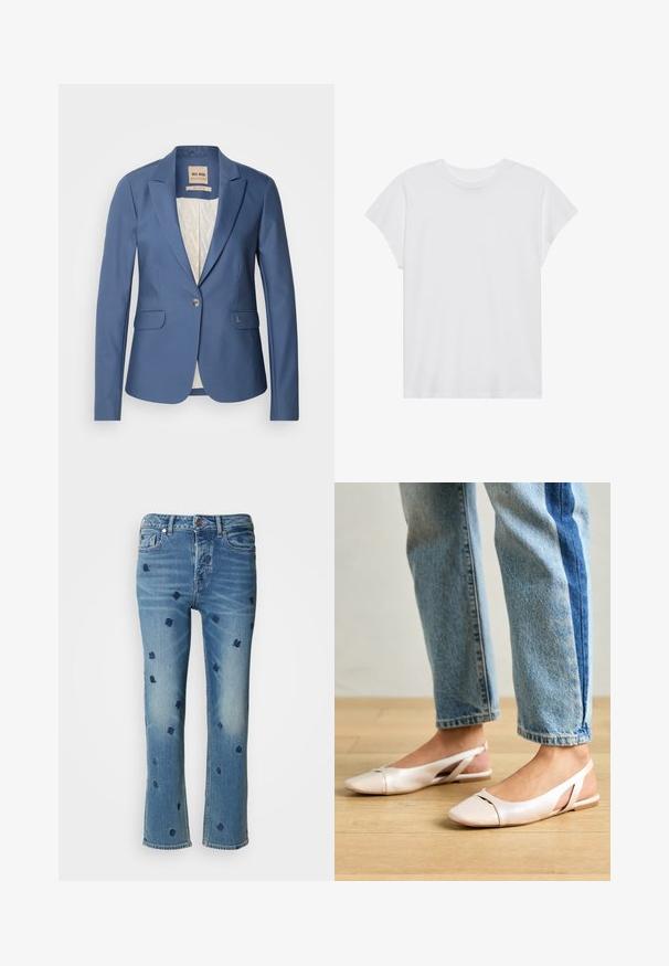 Blaues maßgeschneidertes Blazerjackett mit einem einzigen Frontknopf, zwei Fronttaschen und einem leicht gemusterten Innenfutter. Verfügt über dezente Markenakzente.; Weißes kurzärmliges T-Shirt mit Rundhalsausschnitt, lockerer Passform, aus weichem Baumwollstoff. Glatte Textur, keine Muster oder Logos.; Hellblaue Jeans aus Denim mit geradem Bein, verziert mit navyblauer floralem Stickerei und einem Used-Look-Effekt nahe den Taschen und dem Saum.; Blassrosa Slingback-Ballerinas mit spitzem Punkt, aus einem glatten, lederähnlichen Material. Mit Ausschnitten an den Seiten und einem flachen Absatz.