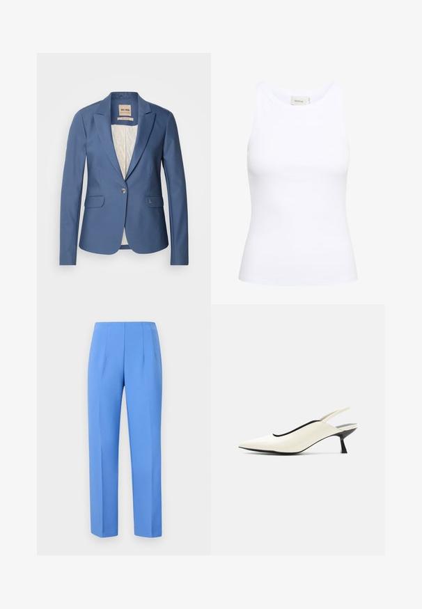 Blauwe op maat gemaakte blazer met een enkele knoop aan de voorkant, twee voorzakken en een lichtgepatroneerde binnenvoering. Bevat subtiele merkaccenten.; Witte geribde tanktop met een ronde halslijn en zonder mouwen. Rekbaar materiaal en een aansluitend ontwerp. Het label op de achterkant zegt "GESTUZ."; Blauwe op maat gemaakte broek van gladde stof met zijplooien, met een rechte snit en een nette tailleband. Geen zichtbare hardware of patronen.; Crèmekleurige slingback schoen met puntige neus, lage zwarte kittenhak en een gladde leren afwerking op een witte achtergrond.