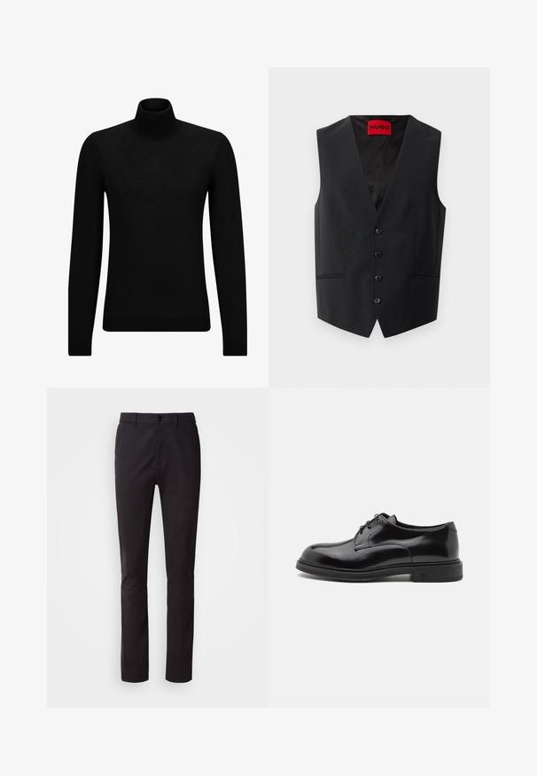 Gilet noir en tissu lisse, avec fermeture à cinq boutons sur le devant et deux poches latérales. Il dispose d'un décolleté en V profond et d'une étiquette rouge à l'intérieur.; Pull à col roulé noir en matériau doux, avec des manches longues et une coupe ajustée. Finition côtelée au bas et aux poignets. Design simple.; Pantalon noir à jambe droite avec bouton sur le devant, passants de ceinture et poches latérales, présenté sur fond blanc.; Chaussure habillée en cuir noir avec une finition lisse, bout rond et lacets. Présente une épaisse semelle noire et un détail de couture subtil le long du bord.