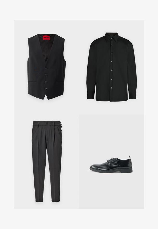 Chaleco negro con una textura suave, cierre frontal de cinco botones y dos bolsillos laterales. Presenta un escote en V profundo y una etiqueta roja en su interior.; Camisa negra de manga larga con botones, cuello puntiagudo y puños abotonados, mostrada sobre un fondo claro y liso.; Pantalones negros de tela suave, con un frente plisado, cinturilla elástica y piernas rectas con un fondo cónico.; Zapato de vestir negro de cuero brillante con tacón bajo, cierre de cordones y puntera redonda, mostrado de lado sobre un fondo claro y liso.