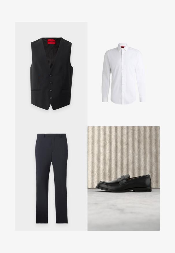 Must mustri vest, mille pehme tekstuuri, viie nupuga eesline ja kaks küljetaskut. Omab sügavat V-kaelust ja punast sildi sees.; Valge nööbiga särk, mis on valmistatud siledast kangast, klassikalise krae, pikkade varrukate ja kaarduva äärega. Esiküljel on beežid nööbid.; Merineeri formaalsed püksid, mis on valmistatud siledast kangast. Omavad litse ees, vööloopse ja küljetaskuid, keha järgi kohandatud sirge jalaga lõikega.; Mustast nahast loafer metallist brändiplaadiga, mis asub pruunist ümarast lauast lähedal beežil vaibaga kaetud põrandal.