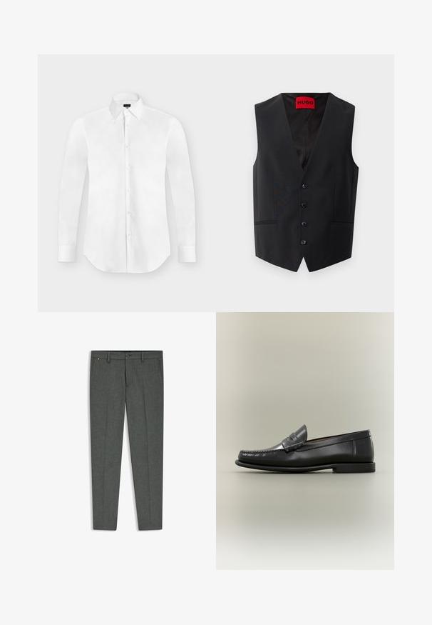 Chaleco negro con una textura suave, cierre frontal de cinco botones y dos bolsillos laterales. Presenta un escote en V profundo y una etiqueta roja en su interior.; Camisa blanca de vestir de manga larga con botones y cuello puntiagudo, colocada perfectamente plana sobre un fondo gris claro.; Pantalones de vestir ajustados de color gris oscuro con trabillas para cinturón, cierre delantero con botón y cremallera, y bolsillos laterales, extendidos sobre fondo blanco.; Mocasín de hombre de cuero negro con diseño moc-toe, tira de tipo penny y tacón bajo sobre fondo neutro.