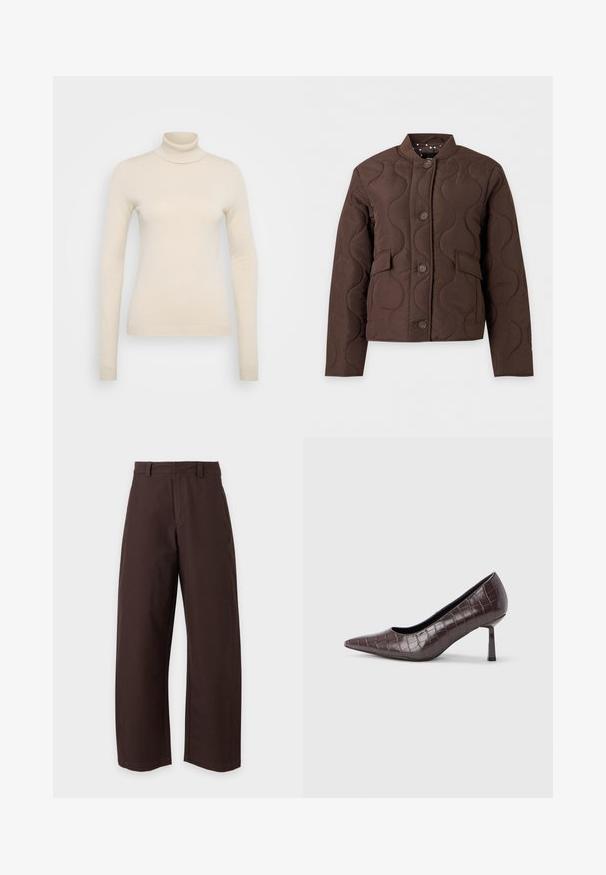 Chaqueta acolchada marrón con costuras onduladas, cierre de botones, bolsillos con solapa y cuello acanalado mostrada sobre fondo blanco.; Vero Moda Tall VMHAPPINESS ROLLNECK - Jersey de punto - oatmeal; Pantalones marrones de pierna recta con trabillas para cinturón y cierre frontal, mostrados sobre un fondo blanco liso.; Tacones puntiagudos de cuero sintético marrón con textura de cocodrilo, con un tacón delgado y angular y un forro interior suave.