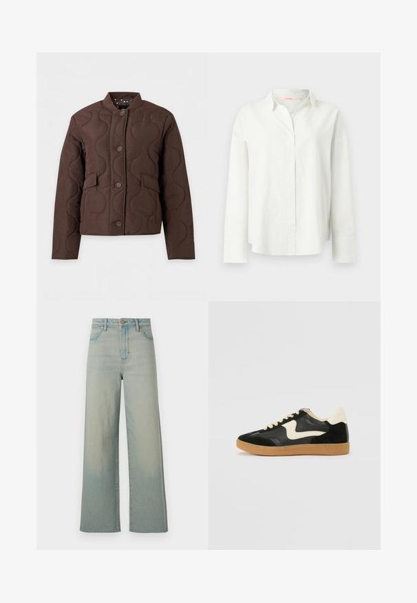 Bruine doorgestikte jas met golfstiksels, knoopsluiting aan de voorkant, klepzakken en een geribde kraag, afgebeeld tegen een witte achtergrond.; Witte blouse met lange mouwen en knopen, voorzien van een subtiele verticale geribbelde structuur en brede manchetten, met een klassieke kraag en een ontspannen pasvorm.; Wrangler LOOSE STRAIGHT - Wijde jeans - silver lake; Zwarte suède en leren sneaker met een crèmekleurige zij-swoosh en lichte crèmekleurige hiel. Voorzien van beige veters en een gumrubberen zool.