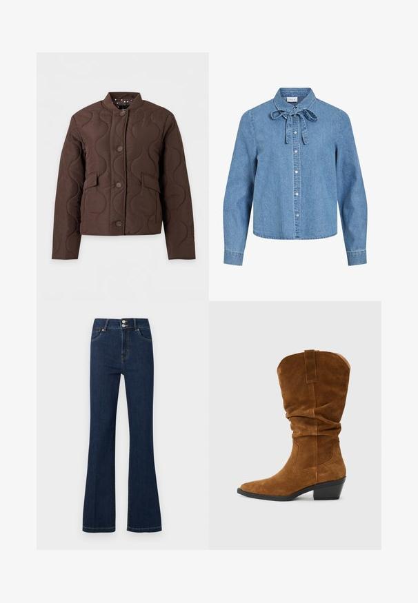 Brun quiltet jakke med bølgede syninger, knaplukning foran, klaplommer og ribstrikket krave vist mod hvid baggrund.; Lyseblå denimskjorte med lange ærmer, sølvfarvede trykknapper foran og en bundet sløjfe ved kraven.; Mørkeblå denimjeans med høj talje, dobbelt knaplukning, forlommer og let udvidede ben.; Brune ruskinds cowboystøvle med et slouchy design, spids tå og stablet hæl. Har stikninger og en træksløjfe bagpå.