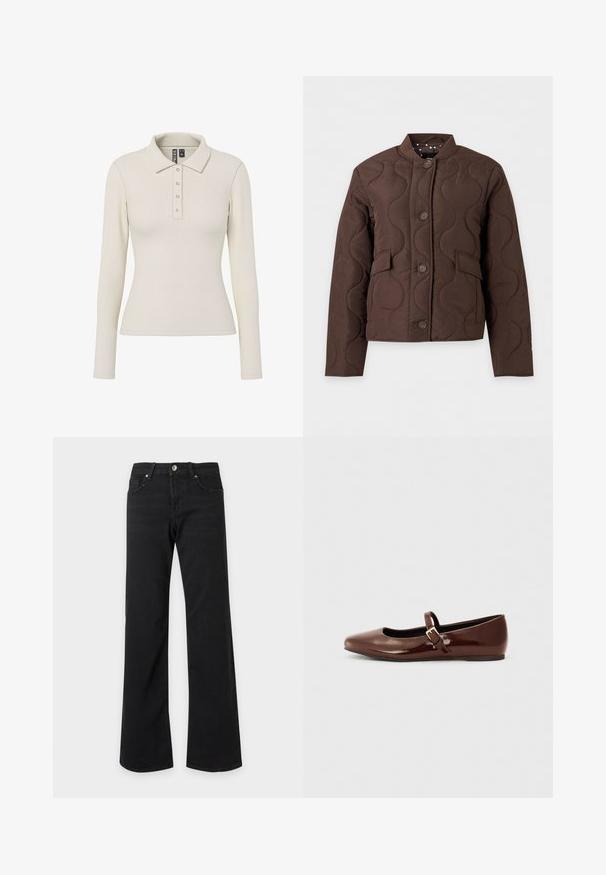 Brun quiltet jakke med bølgede syninger, knaplukning foran, klaplommer og ribstrikket krave vist mod hvid baggrund.; Langærmet polo-shirt i off-white ribbet stof med kravehals og fem metalknapper foran. Tætsiddende design.; Sorte jeans med høj talje, lige vide ben, forlommer, bæltestropper og lukning med metal knap på hvid baggrund.; Brun patentlæder balletflade med firkantet tå og strop med en lille guldbuckle. Glat tekstur, lav hæl og minimalistisk design.
