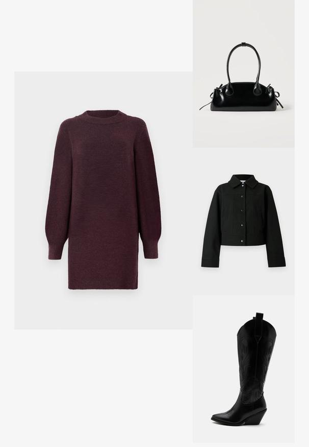 Veste courte noire en tissu mélange de laine, avec col à revers, boutons-pression à l'avant et poches latérales. Texture lisse avec un design épuré.; Robe-sweater bordeaux avec un col rond et de longues manches légèrement bouffantes. Fabriquée en tissu doux et texturé. Se termine au-dessus du genou.; Botte de cowboy en cuir noir avec bout pointu, talon bloc incliné, couture décorative et languettes en haut sur fond blanc.; Petit sac à main noir brillant avec deux longues anses et des détails à cordon sur les côtés sur un fond clair uni.