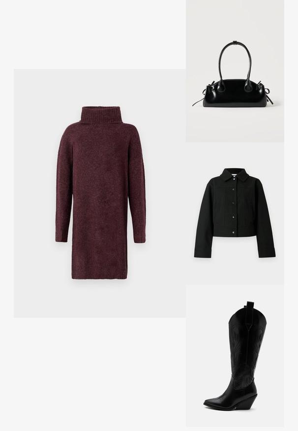 Veste courte noire en tissu mélange de laine, avec col à revers, boutons-pression à l'avant et poches latérales. Texture lisse avec un design épuré.; Robe en tricot bordeaux avec un col côtelé haut, des manches longues et une coupe ample. Texture douce avec une finition légèrement brossée.; Botte de cowboy en cuir noir avec bout pointu, talon bloc incliné, couture décorative et languettes en haut sur fond blanc.; Petit sac à main noir brillant avec deux longues anses et des détails à cordon sur les côtés sur un fond clair uni.