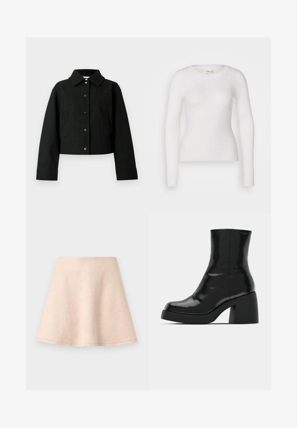 Schwarze, kurz geschnittene Jacke aus Wollmischgewebe mit Kragen, vorderen Druckknöpfen und seitlichen Taschen. Glatte Textur mit minimalen Details.; Weißes langärmliges Rippoberteil mit rundem Halsausschnitt. Der Stoff ist glatt, mit einer subtilen Textur und einer figurbetonten Passform. Keine sichtbaren Beschläge oder Muster.; Hellbeiger ausgestellter Rock aus weichem Stoff. Er hat eine glatte Oberfläche und einen sauberen Saum; schlichtes Design ohne zusätzliche Muster oder Akzente.; Schwarze Stiefeletten mit glänzender Oberfläche, quadratischer Zehenpartie und dicker Blockabsatz. Das Design zeichnet sich durch eine nahtlose Silhouette und minimalistische Markenkennzeichnung aus.