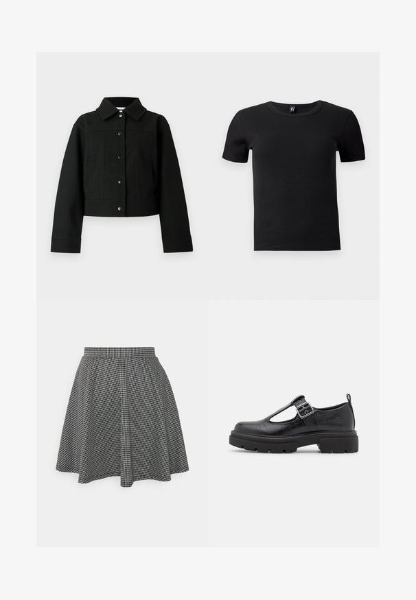 Veste courte noire en tissu mélange de laine, avec col à revers, boutons-pression à l'avant et poches latérales. Texture lisse avec un design épuré.; T-shirt noir à manches courtes en tissu côtelé. Doté d'un col rond classique et d'une silhouette ajustée. Sans accents supplémentaires.; Jupe patineuse à carreaux noir et blanc avec une taille ajustée et un ourlet évasé, fabriquée en tissu texturé affichant un motif classique.; Chaussure en simili cuir noir avec texture crocodile, bout arrondi, bride à la cheville avec boucle métallique et semelle en caoutchouc épaisse.