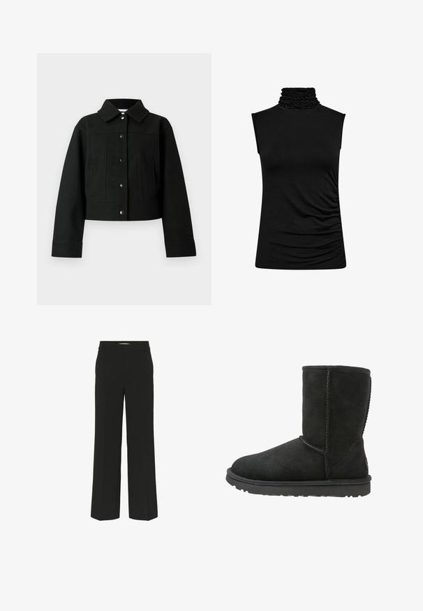 Zwarte cropped jas gemaakt van een wollen mix stof, met een kraag, drukknoopsluiting aan de voorkant en zijzakken. Gladde textuur met minimale details.; Zwart mouwloos topje met een hoge gerimpelde kraag en een plooidetail aan de zijkant. Gemaakt van rekbare stof met een gladde textuur en een nauwsluitend ontwerp.; Zwarte broek met wijde pijpen, gemaakt van gladde stof, met een platte tailleband, strakke lijnen en zonder zichtbare sluitingen of zakken.; Zwarte suède enkellaars met een ronde neus, gestikte naden en een platte rubberen zool. Heeft een eenvoudig ontwerp zonder versieringen.