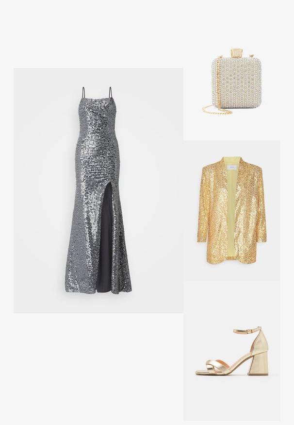 Gold sequin blazer with an open front, shawl collar, and three-quarter sleeves. Interior lining in light green, smooth texture, and shiny finish.; Silver sequin evening gown with spaghetti straps, fitted bodice, and thigh-high slit. Smooth black lining underneath.; Gold metallic heeled sandals with a block heel, open toe, and crisscross strap design. Ankle strap features a buckle closure.; Small rectangular clutch bag covered in white pearls and crystals with a gold chain strap and decorative gold clasp on top.