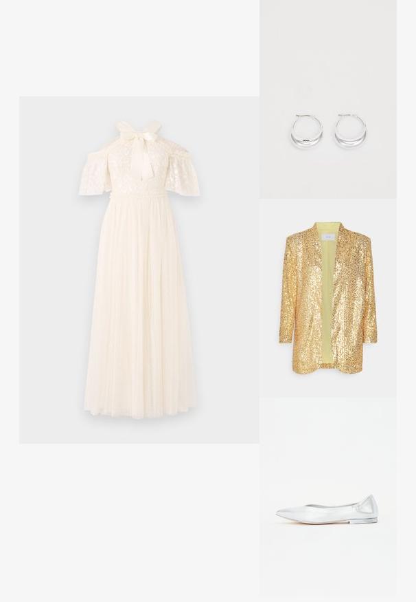Guld palietjakke med åben front, sjalskrave og 3/4-ærmer. Indvendig foer i lys grøn, glat tekstur og blank overflade.; Elfenbenkjole med blonder på overkroppen, off-the-shoulder ærmer og båndsløjfe ved halsen. Skørtet er lavet af blødt stof med en prikket tekstur.; Sølv flad sko med spidse tæer, glat metallisk finish og en lav flad hæl. Har bløde sidelæder ved hælen for en tætsiddende pasform.; Sølv hoops øreringe med en poleret overflade og DKNY branding, præsenteret mod en simpel hvid baggrund.