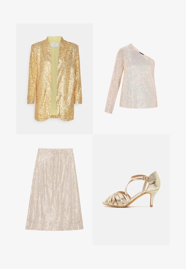 Guld palietjakke med åben front, sjalskrave og 3/4-ærmer. Indvendig foer i lys grøn, glat tekstur og blank overflade.; En-skulder glitrende top i lys beige med et tekstureret design og glitrende detaljer, samt langærme på den ene side.; Beige midi-nederdel lavet af pailletstof, med lodrette striber af skinnende pailletter, der giver tekstur og glans over hele overfladen.; Guldmetallic højhælede sandal med krydsede stropper, åben tå, justerbar ankelrem med spænde og et slankt hældesign.