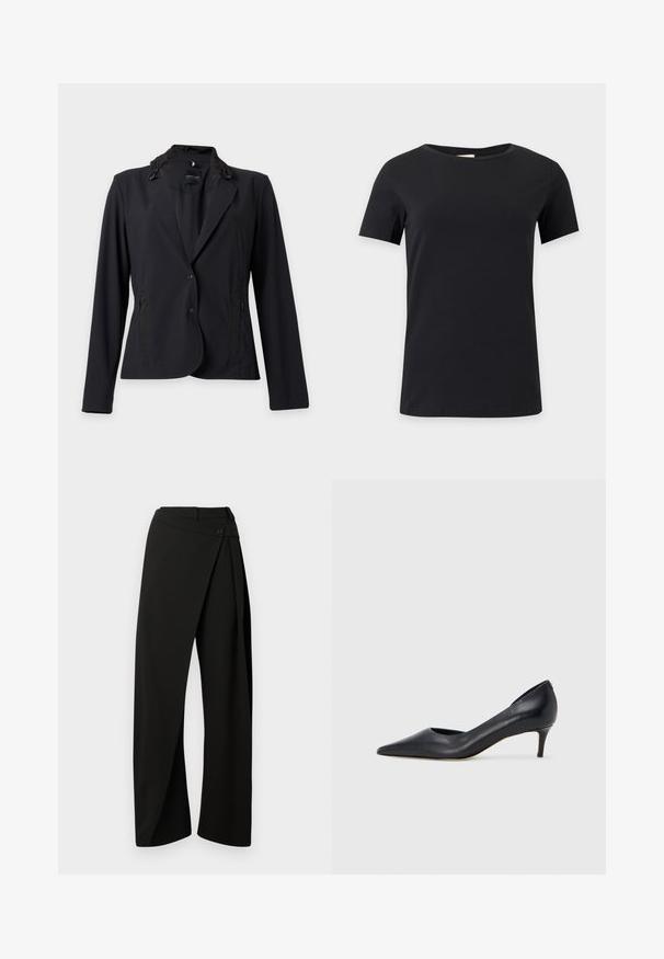 Blazer negro a medida con mangas largas, dos bolsillos frontales con cremallera y un detalle de cuello con volantes, mostrado sobre un fondo blanco.; Camiseta negra lisa de manga corta con cuello redondo mostrada sobre un fondo blanco, mostrando la vista frontal con un diseño sencillo y sin adornos.; Pantalones negros de pierna ancha con un panel envolvente en el frente y un cierre de botón en la cintura, mostrados sobre un fondo blanco.; Zapato de tacón bajo de cuero negro con punta puntiaguda. Presenta una textura lisa y un brillo sutil. Corte abierto en la parte frontal para un detalle adicional.