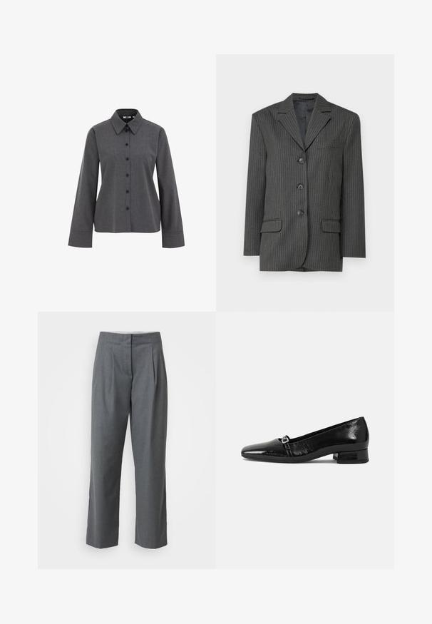 Dunkelgrauer Nadelstreifen-Blazer mit abgeschrägten Revers, drei Vorderknöpfen, zwei Vordertaschen und einer Brusttasche. Glatte Stoffstruktur.; WE Fashion Hemdbluse - grey; Graue maßgeschneiderte Hosen mit geradem Bein, die eine glatte Textur, Bundfalten und Schlitztaschen aufweisen. Keine sichtbaren Beschläge oder Akzente.; Schwarze Lackleder-Ballettschuhe mit spitzem Zehenbereich, niedrigem quadratischem Absatz und einem kleinen metallischen Schnallenakzent am Riemen. Glatte Textur.
