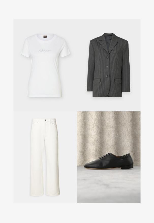 Blazer à rayures fines gris foncé avec revers crantés, trois boutons à l'avant, deux poches avant et une poche poitrine. Texture de tissu lisse.; T-shirt blanc ajusté à manches courtes avec encolure ronde et logo "Boss" en strass centré sur la poitrine.; Jean blanc à jambes larges avec boutons à l'avant, passants de ceinture et design à cinq poches.; Chaussure plate en cuir noir à lacets, bout arrondi et petit talon, vue de profil droit sur un fond clair.
