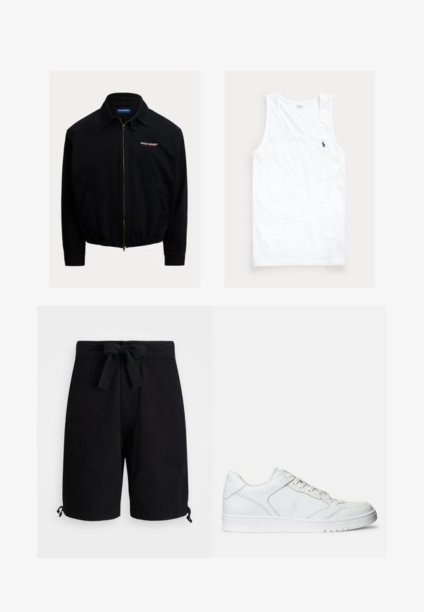 Zwarte jas met ritssluiting, gemaakt van lichtgewicht stof; voorzien van een kraag, elastische zoom, zijzakken en rode en witte "Polo Sport" logo detail.; Witte mouwloze tanktop met ronde halslijn en klein marineblauw Polo Ralph Lauren paardenlogo op de linkerborst.; Zwarte zwemboxers van lichtgewicht stof, voorzien van een trekkoord in de taille en verstelbare details aan de zoom.; Witte leren sneaker met een gladde textuur, voorzien van een geperforeerde neus, vetersluiting en geborduurde logo aan de zijkant. Witte rubberen zool.