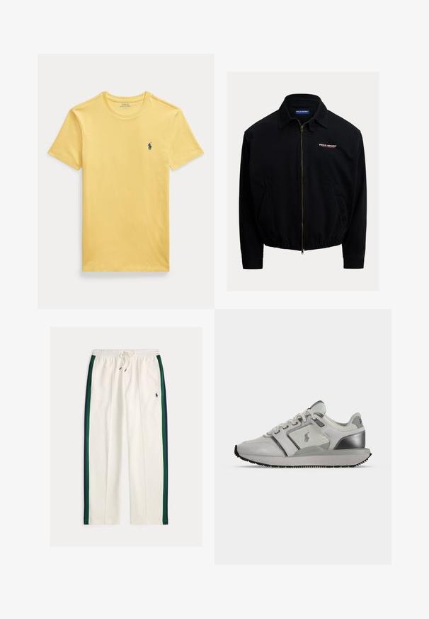 Čierna bunda na zips z ľahkej tkaniny; má golier, elastický lem, bočné vrecká a červenobiely detail loga "Polo Sport".; Žlté bavlnené tričko s okrúhlym výstrihom a krátkymi rukávmi. Na ľavej strane hrude je malá modrá vyšívaná logo.; Biele tepláky so sťahovacou šnúrkou, námorníckymi modrými a zelenými bočnými pruhmi a malým námorníckomodrým logom hráča póla na pravom stehne.; Biele a sivé nízke tenisky s panelmi z priedušnej sieťoviny a kože, čierne logo na boku, sivá podrážka a čierny gumový dezén.