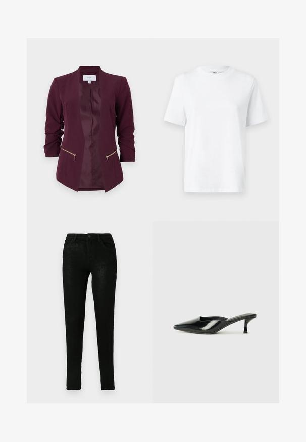 Bordeaux blazer med et elegant design, der har lynlåslommer og delvist rullede ærmer. Lavet af glat stof med satinfor.; Hvid bomulds T-shirt med rund hals, kortærmet og en glat tekstur. Designet med en afslappet pasform for komfort og alsidighed.; Sort denim jeans med et slankt fit, der har fem lommer, en knaplukning og subtile teksturvariationer på stofoverfladen.; Sorte patenterede lædermules med spids tå, lav kittenheel og buede sider, der har en glansfuld finish og minimalistisk design.