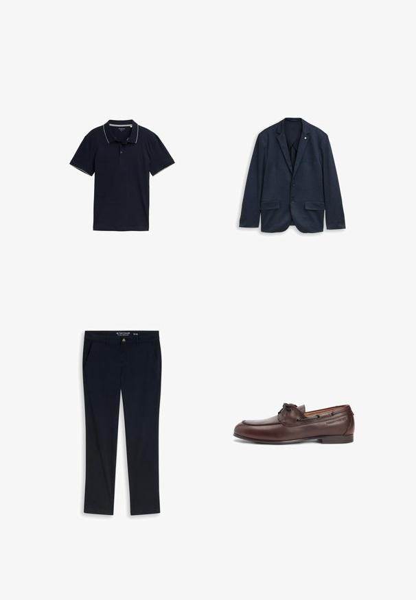 Blazer de hombre azul oscuro con dos botones, solapas con muescas, bolsillos delanteros con solapa y puños abotonados, mostrado sobre fondo blanco.; Polo de color azul marino hecho de algodón, con un cuello clásico, tapeta de tres botones y un contraste de ribete gris claro en el cuello y las mangas.; Pantalones casual negros para hombre con bolsillos delanteros, cierre con botón y presillas para cinturón, talla 32 por 32, etiquetados como Tom Tailor Tt.Josh Regular.; Zapato náutico de cuero marrón con puntera redonda, diseño con cordones y ojales metálicos. Presenta costuras sutiles y una suela plana de goma.