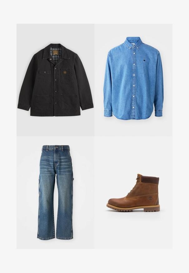 Schwarze Jacke mit Knopfleiste und vier Fronttaschen, eine Tasche hat ein kleines gelbes Logo-Patch, und ein kariertes Innenfutter, das am Kragen sichtbar ist.; Denim-Hemd mit Knöpfen, hellblau, mit Punktkragen, langen Ärmeln und kleinem Logo auf der Brust. Verfügt über weiße Knöpfe und genähte Nähte.; Weite Jeans aus Denim in Hellblau mit einem verwaschenen Finish, hoher Taille, Gürtelschlaufen und seitlichen Taschen. Sichtbare Nähdetails.; Braune Lederwanderschuhe mit glatter Oberfläche, gepolstertem Knöchel, Metallösen und einer Gummisohle mit robustem Profil.