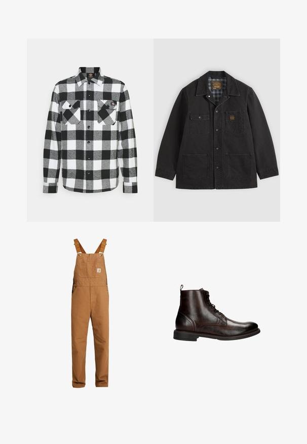 Schwarze Jacke mit Knopfleiste und vier Fronttaschen, eine Tasche hat ein kleines gelbes Logo-Patch, und ein kariertes Innenfutter, das am Kragen sichtbar ist.; Schwarz-weißes Flanellhemd mit Karomuster, ausgestattet mit zwei Brusttaschen, Knopfleiste und Kragen. Weicher, strukturierten Stoff.; Carhartt WIP BIB OVERALL DEARBORN CANVAS - Latzhose - hamilton brown rinsed; Dunkelbrauner, knöchelhoher Lederstiefel mit Schnürung, niedrigem Absatz und glatter, polierter Oberfläche, von der Außenseite betrachtet.