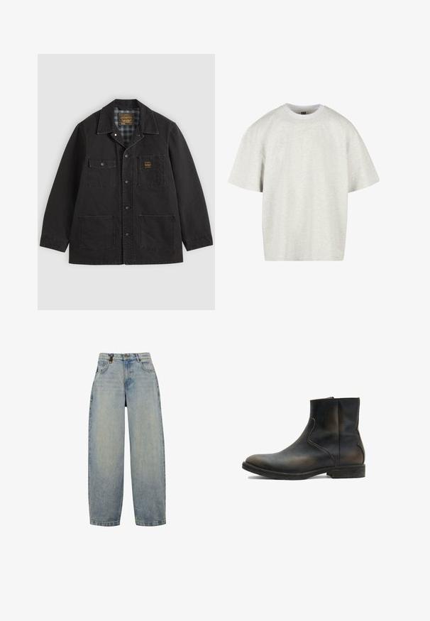 Veste noire à boutons avec quatre poches avant, une poche possède un petit patch logo jaune, et une doublure intérieure à carreaux visible au col.; T-shirt en coton gris clair à manches courtes, col rond et coupe décontractée. Le tissu a une surface douce et légèrement texturée.; Jean en denim bleu clair avec une coupe décontractée, dotée d'une taille haute, de jambes larges, d'un design classique à cinq poches et d'accents matériels en métal.; AllSaints LANG - Bottines - brown