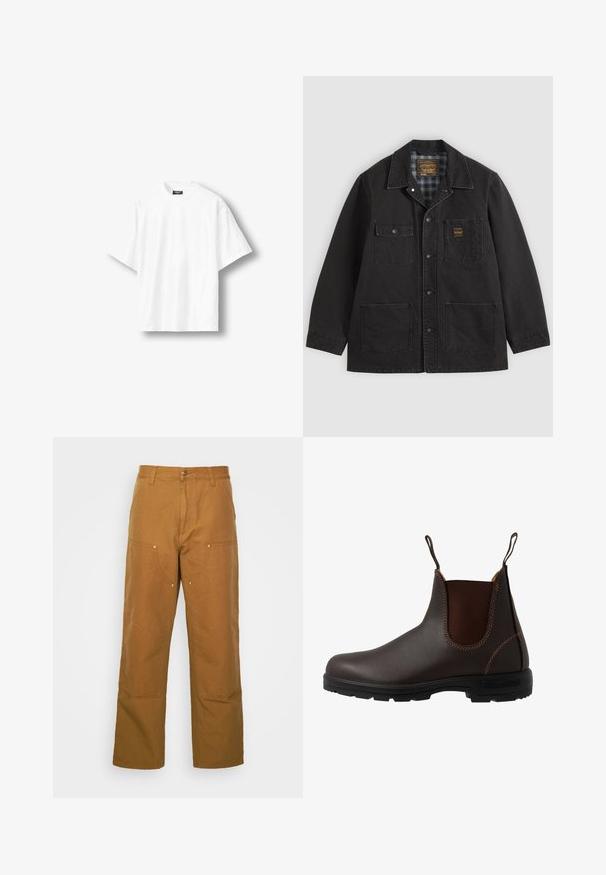 Veste noire à boutons avec quatre poches avant, une poche possède un petit patch logo jaune, et une doublure intérieure à carreaux visible au col.; T-shirt blanc uni à manches courtes, coupe ample, col rond et étiquette noire à l'intérieur du col arrière, présenté sur un fond clair.; Pantalons utilitaires en coton marron avec une coupe droite, dotés de poches avant et d'accents en métal pour une durabilité accrue.; Botte Chelsea en cuir marron avec panneau latéral élastique, coutures marron, languettes de tirage, et une semelle en caoutchouc durable avec un motif texturé.