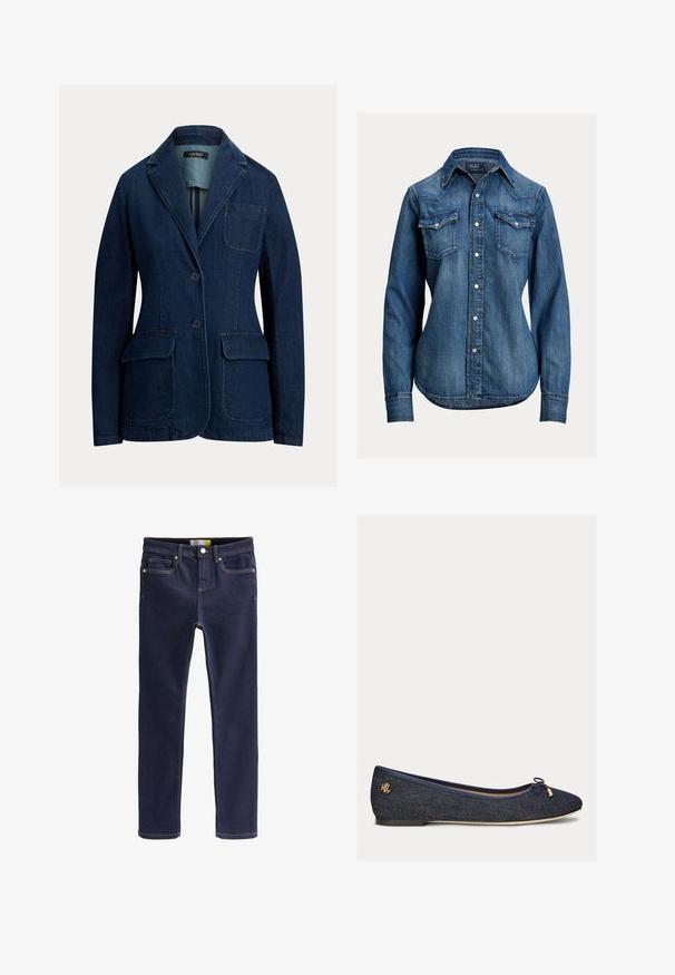 Denim sako v tmavomodrej farbe, s výstrihom, zatváraním na dve gombíky a dvoma prednými vreckami. Textúrovaná látka s minimálnymi švami.; Modrá rifľová košeľa s dlhým rukávom so perlovými patentkami, dvoma náprsními vreckami so záklopkou a špicatým golierom od Polo Ralph Lauren.; Tmavomodré slim-fit džínsy s predným gombíkom, vreckami a kontrastným prešitím, položené na bielom pozadí.; Balerínky v tmavomodrom džíne s hladkou textúrou, s ozdobou v tvare mašle a zlatým logom na päte. Plná podrážka, zaoblený tvar špičky.
