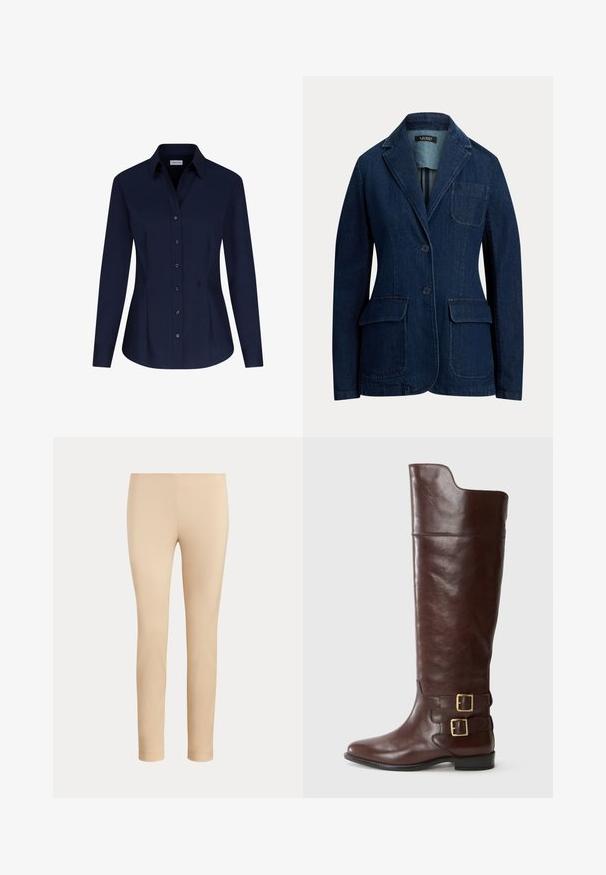 Denim blazer i mørkeblå, med notch-revers, lukning med to knapper og to forlommer. Tekstureret stof med minimal syning detalje.; Seidensticker BUSINESS SLIM FIT - Skjortebluser - dunkelblau; Beige slim-fit ankellange bukser med en glat finish og uden synlige lommer eller pynt på en ensfarvet baggrund.; Brune læderknæhøj støvle med en rund tå, der har to guldtonede spænder ved anklen og en glat, poleret overflade.
