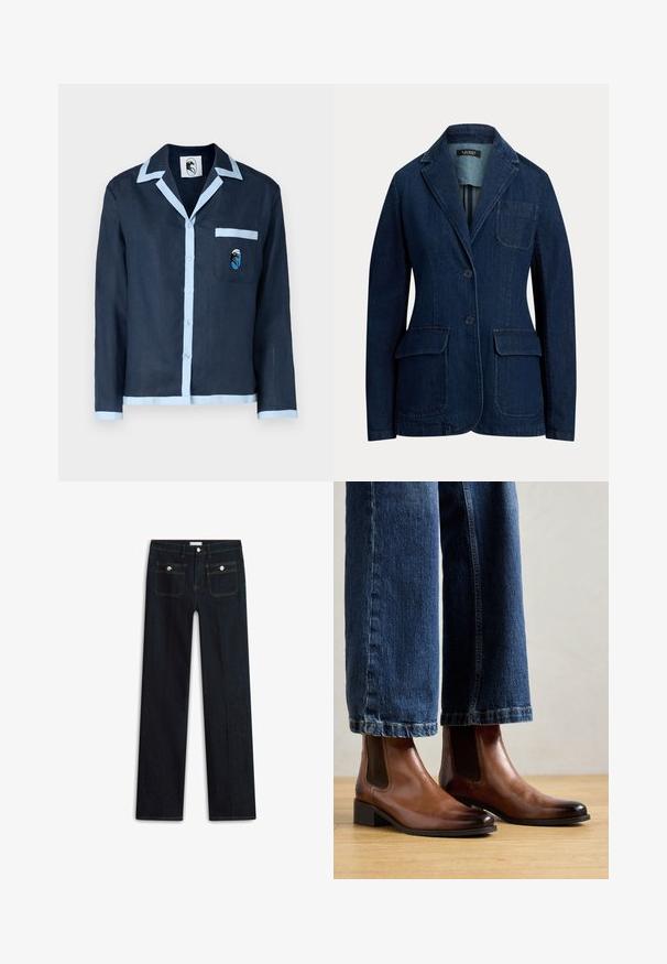 Denim sako v tmavomodrej farbe, s výstrihom, zatváraním na dve gombíky a dvoma prednými vreckami. Textúrovaná látka s minimálnymi švami.; Námornícka ľanová košeľa s svetlomodrým golierom a lemovaním vrecka. Obsahuje vrecko na prsiach s vyšitým vzorom. Zapínanie na gombíky po celej dĺžke vpredu.; Tmavomodré džínsy z denimu so strihom s rovnými nohavicami, vybavené dvoma prednými vreckami a viditeľnými švami. Bez viditeľného opotrebovania.; Hnedé kožené členkové topánky s elastickými bočnými panelmi, štvorcovou špičkou a nízkym blokovým podpätkom, nosené s modrými džínsovými nohavicami. Pod nimi je tvrdá podlaha.