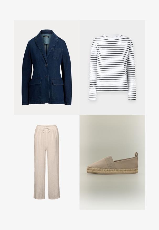 Denim blazer i mørkeblå, med notch-revers, lukning med to knapper og to forlommer. Tekstureret stof med minimal syning detalje.; Langærmet skjorte i hvid bomuld med sorte horisontale striber. Har en rund halsudskæring og en afslappet pasform. Ingen bemærkelsesværdige accenter eller mønstre.; Linnedbukser i lys beige med elastisk talje og snøre, der har en afslappet pasform og lige ben.; Beige slip-on espadrille med flettet jutesål, elastikbånd over toppen med præget mærkenavn og stofløfteflig ved hælen.